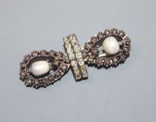 A 19th century white metal, baroque pearl and two colour diamond set brooch (adapted), 43mm.