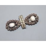 A 19th century white metal, baroque pearl and two colour diamond set brooch (adapted), 43mm.