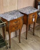 A pair of Louis XVI design marble top bombe bedside chests W.40cm