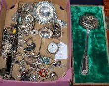 A group of assorted silver, white metal and other items including Dutch tea strainer, jewellery