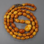 A single strand graduated oval amber bead necklace, gross 14 grams, 52cm.