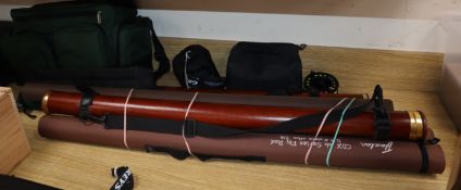 Six modern fly fishing rods and six Greys and Airflow reels with bags and accessories