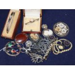 Mixed costume jewellery etc. including sterling silver and enamel bird brooch and a silver belt