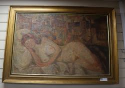 Operios?, oil on canvas, Sleeping female nude with houses beyond, inscribed verso and dated 1972, 64