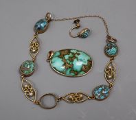 An Edwardian yellow metal, turquoise and seed pearl set bracelet (a.f.), a turquoise set pendant and