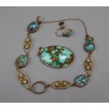 An Edwardian yellow metal, turquoise and seed pearl set bracelet (a.f.), a turquoise set pendant and