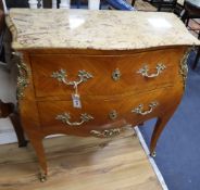 A Louis XVI design marble top bombe commode W.86cm