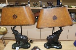 A pair of bronze "elephant" lamps on marble base overall height 66cm