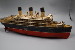 A Bing 20in. Bremen type clockwork tinplate ocean liner, twin screw, circa 1920 length 50cm