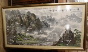 Japanese School, watercolour and gouache, Mountain landscape with cranes flying above a river, 78