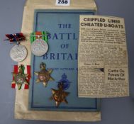 A group of WWII medals to 1950909 L.A.C R.R Willmott with a cutting 'Crippled Liner Cheated U-Boats'