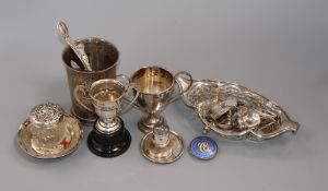 A group of assorted mainly silver items, including a beaker, pierced dish, two small trophy cups and