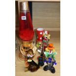 A vintage 'lava' lamp and six Murano glass clowns lamp height 43cm