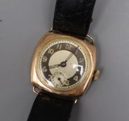 A gentleman's 1940's 9ct gold manual wind wrist watch, on later leather strap.