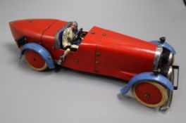 A Meccano tinplate constructor car, circa 1930, model no. 2, red and blue with original driver