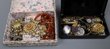 A quantity of costume jewellery to include an 18ct. watch case and medal miniature group.