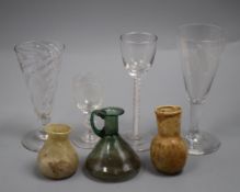 Three Ancient glass vessels, two 18th century ale glasses and two other glasses