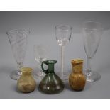 Three Ancient glass vessels, two 18th century ale glasses and two other glasses
