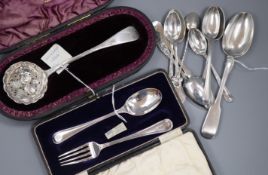 An Edwardian silver Christening set, a Victorian silver sifter spoon and a quantity of miscellaneous