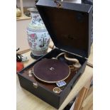 An HMV tabletop wind up gramophone