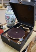 An HMV tabletop wind up gramophone