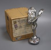 A Rolls Royce chrome plated Spirit of Ecstasy car mascot, in original delivery box dated 1952 height