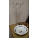 A Victorian glass lily vase, of ribbed tapered cylindrical form with everted frilled rim and a