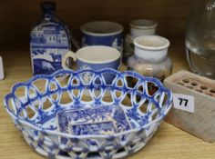 A Victorian blue and white chestnut basket, a caddy, two Prattware pots, etc.