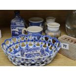 A Victorian blue and white chestnut basket, a caddy, two Prattware pots, etc.