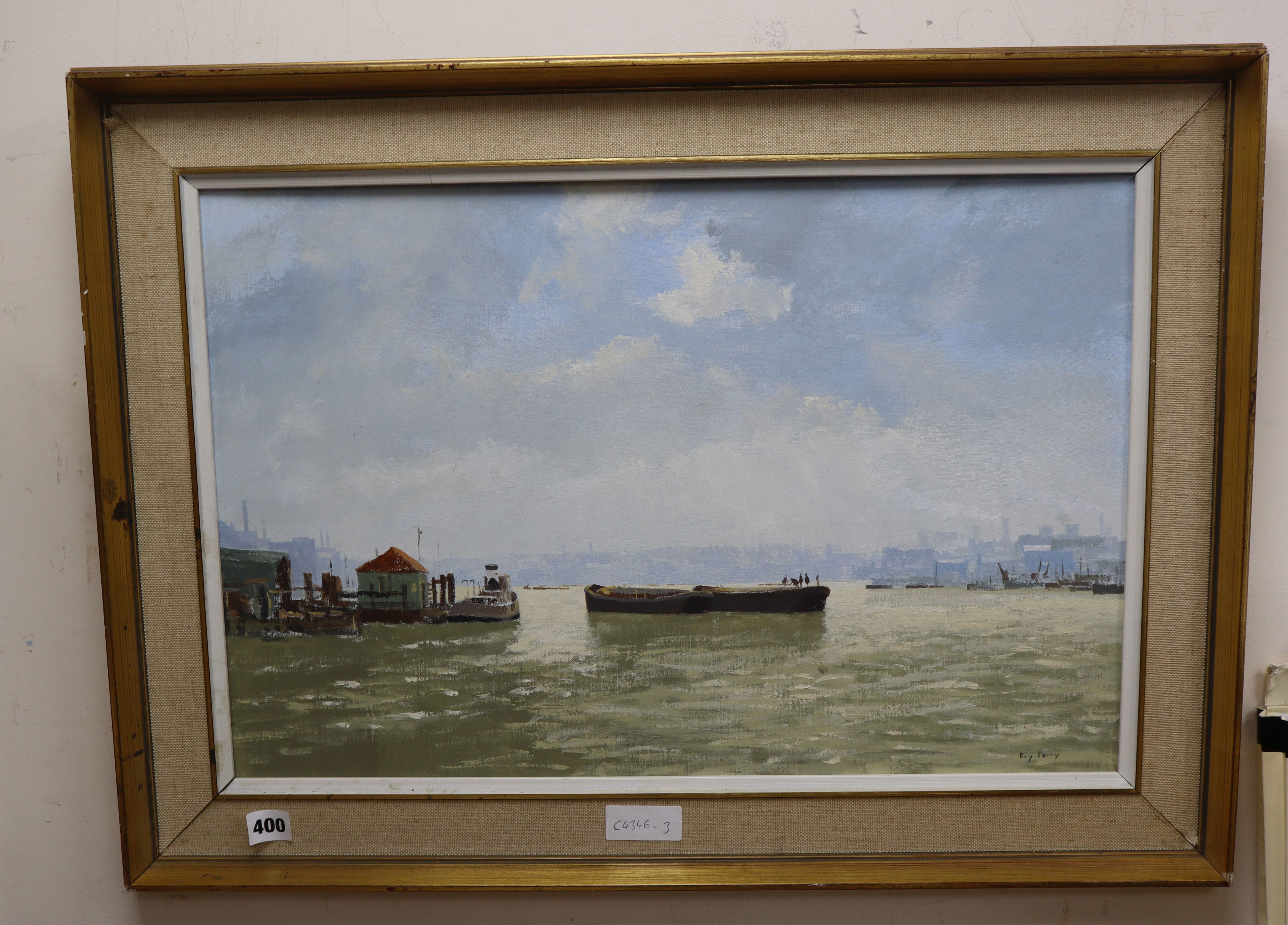 Roy Perry (1935-1993), oil on board, Thames at Rotherhithe, signed, 40 x 60cm