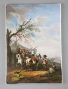 A KPM Berlin porcelain plaque painted with a scene of a cavalry encampment, after Philips Wouwerman,