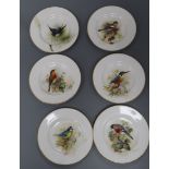 A set of six Royal Worcester pin trays painted with various birds by Powell (two damaged), Dia 12cm