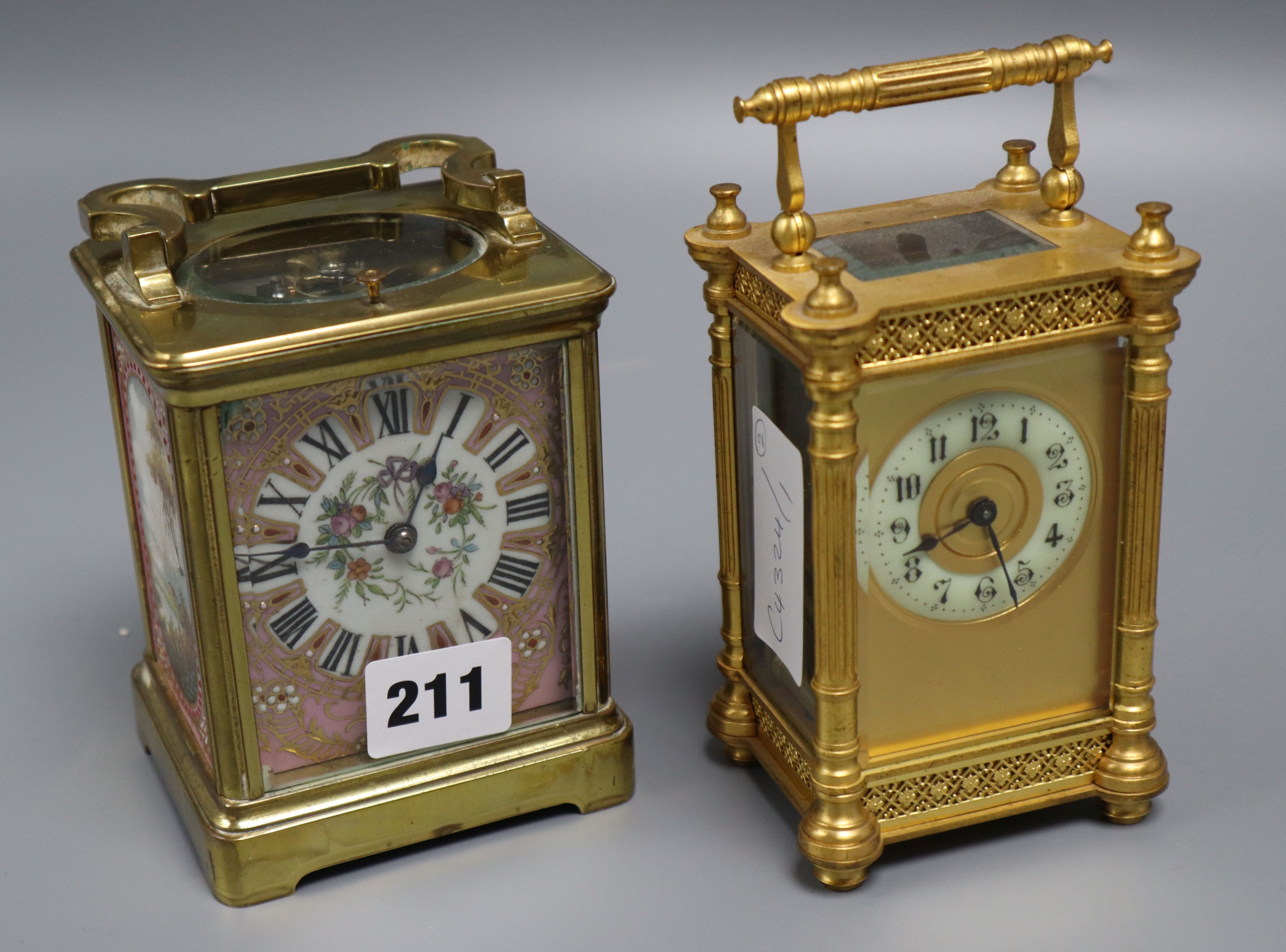 An early 20th century French lacquered brass and porcelain repeating carriage clock, height 11.5cm