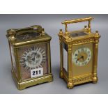 An early 20th century French lacquered brass and porcelain repeating carriage clock, height 11.5cm