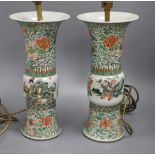 A pair of late 18th century Chinese famille verte vases mounted as table lamps height 36cm