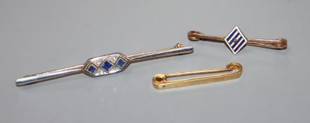 A 15ct yellow and white gold bar brooch set with three sapphires and rose diamonds and two other bar