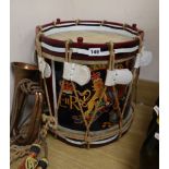 A Royal Mariner's military side drum c.1960 brass shelled and rope tensioned with a military