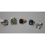 Five 9ct gold gem-set dress rings, including mystic topaz and blueberry quartz examples