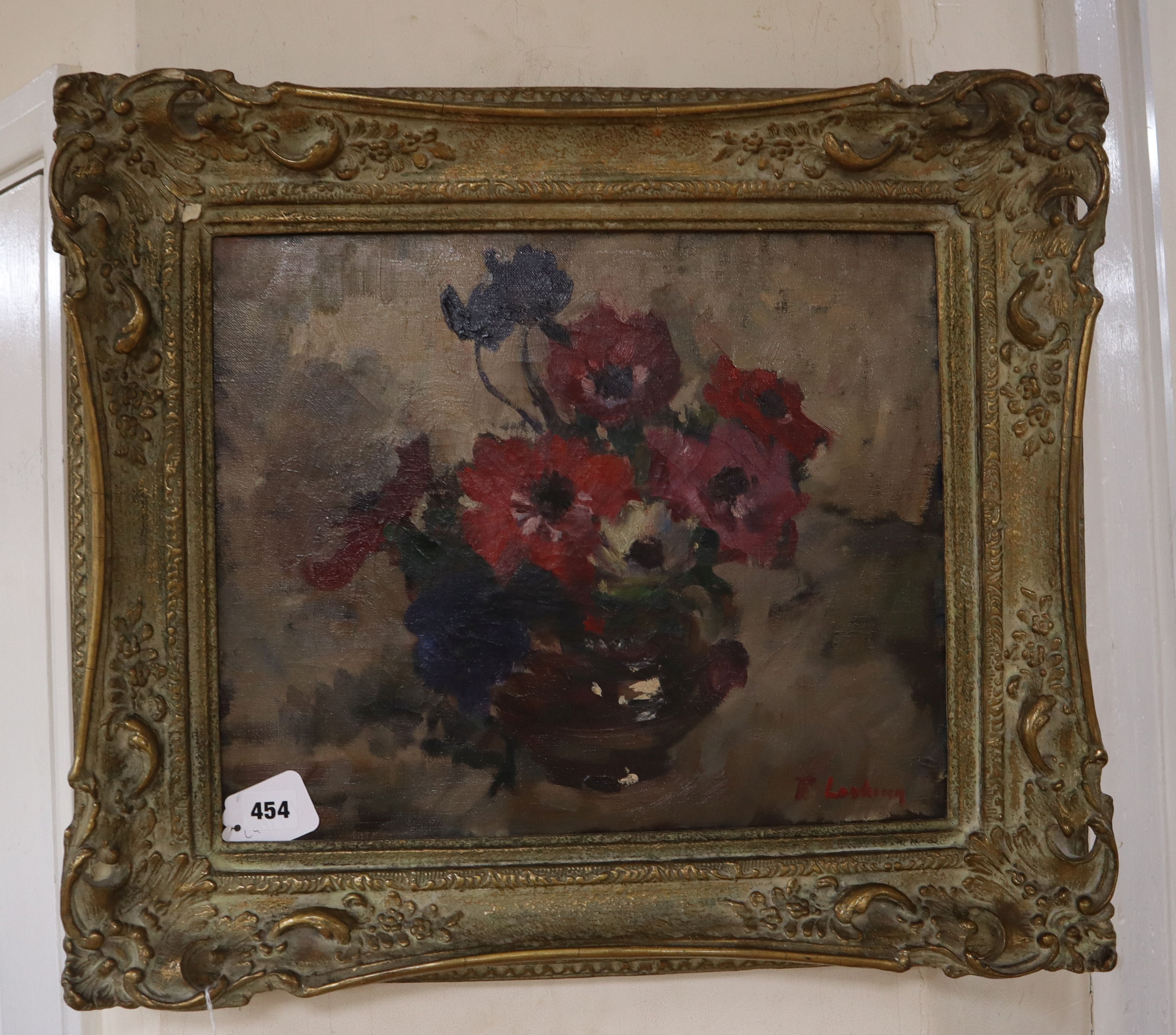 E. Looking, oil on canvas, Still life of anemones in a vase, signed, 35 x 42cm