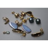 Two pairs of 9ct gold and quartz-set earrings, two other pairs of earrings and a small 9ct gold