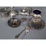 A silver three piece condiment set, Chester, 1962 and sundry small silver including a Victorian