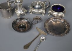 A silver three piece condiment set, Chester, 1962 and sundry small silver including a Victorian