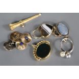 An Edwardian 18ct gold and chalcedony fob seal, a pair of French white metal cufflinks and other