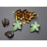 A yellow metal and ruby set leaf brooch and two pairs of white metal earrings including enamel.