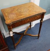 A Louis XVI style marquetry inlaid card table W.70cm