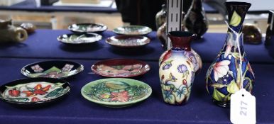 Three Moorcroft dishes, a pansy vase and a violet vase and another tallest 14cm (7)