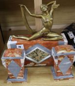 A French Art Deco spelter and marble figural clock garniture clock height 41cm