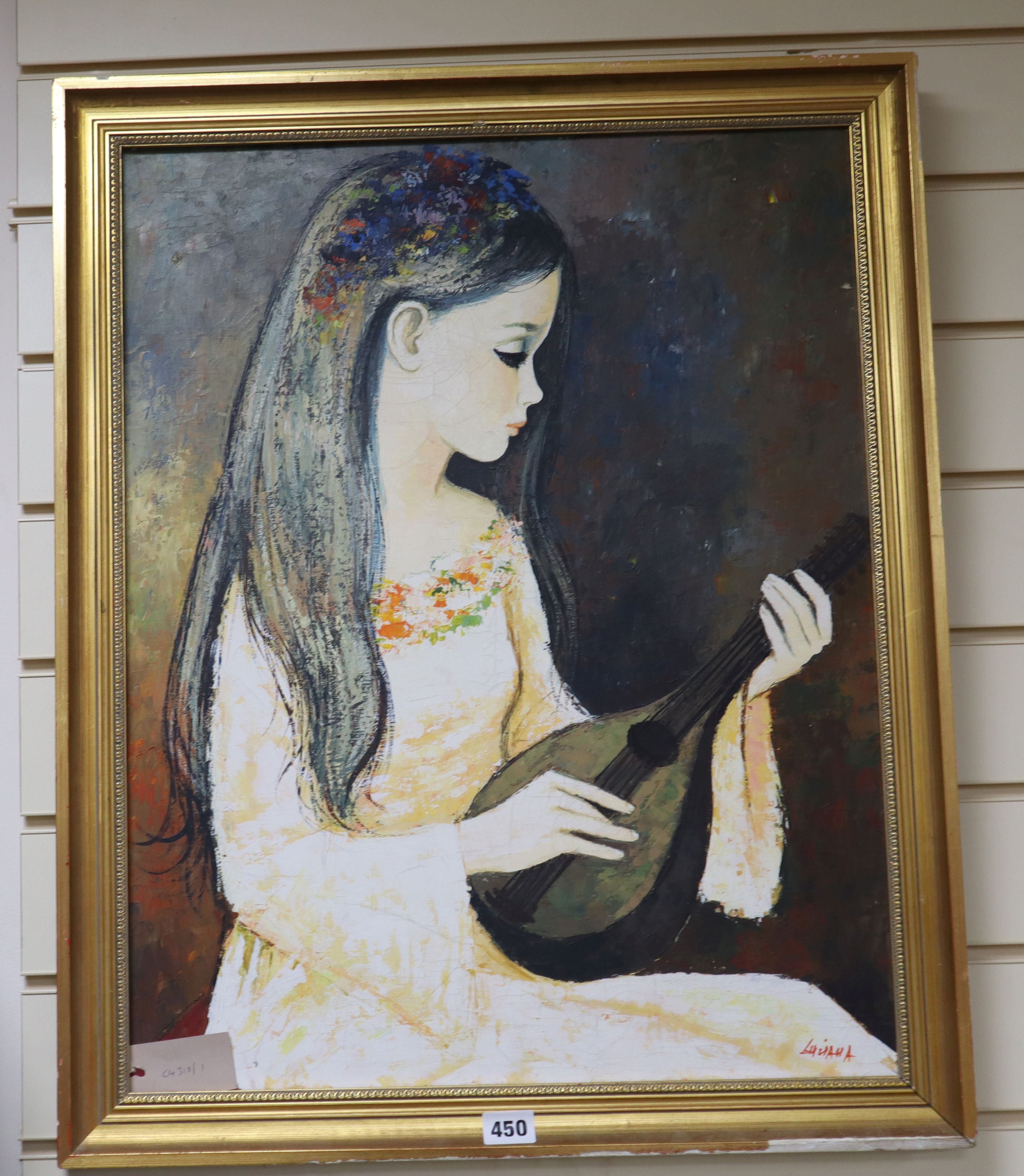 Luziana, oil on canvas, Girl playing a mandolin, signed, 60 x 47cm