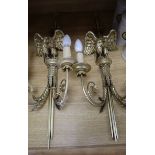 A pair of Georgian style two-light gilded 'eagle' wall brackets, H 78cm