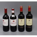 Two bottles of Bordeaux Fontagnac, red and two Bordeaux Cotes de Blanc (Le Parvis de la Chapelle/